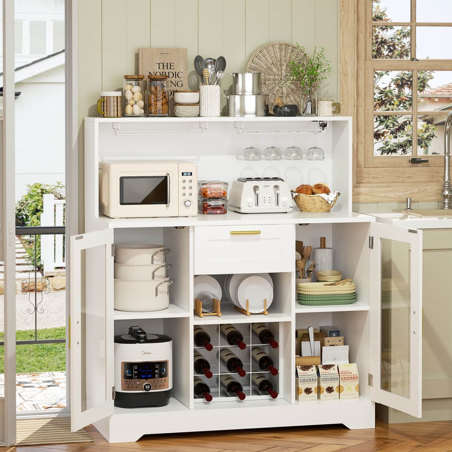 Wine Bar Buffet Table with Storage and Wine Rack, Coffee Bar Cabinet with Drawer