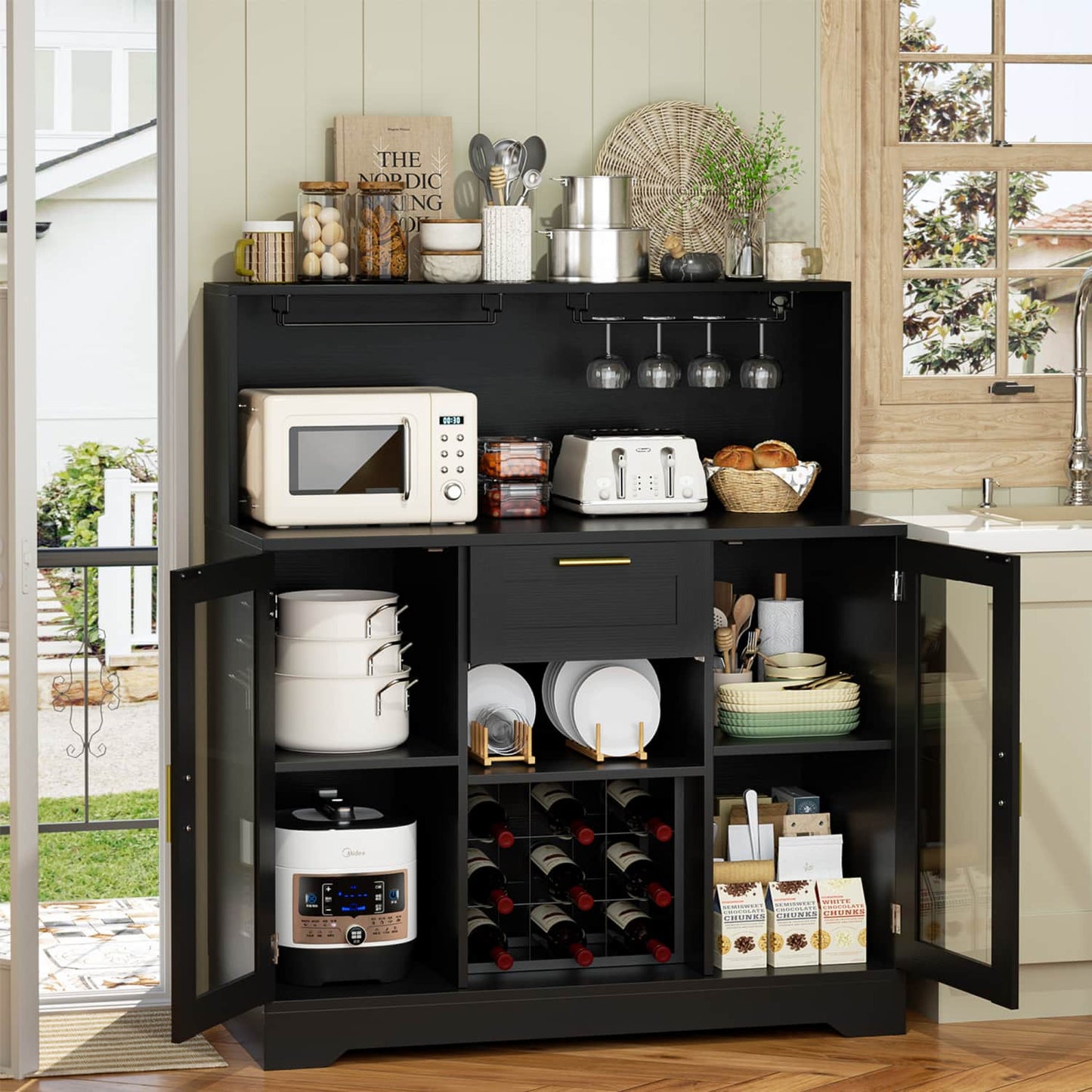 Wine Bar Buffet Table with Storage and Wine Rack, Coffee Bar Cabinet with Drawer