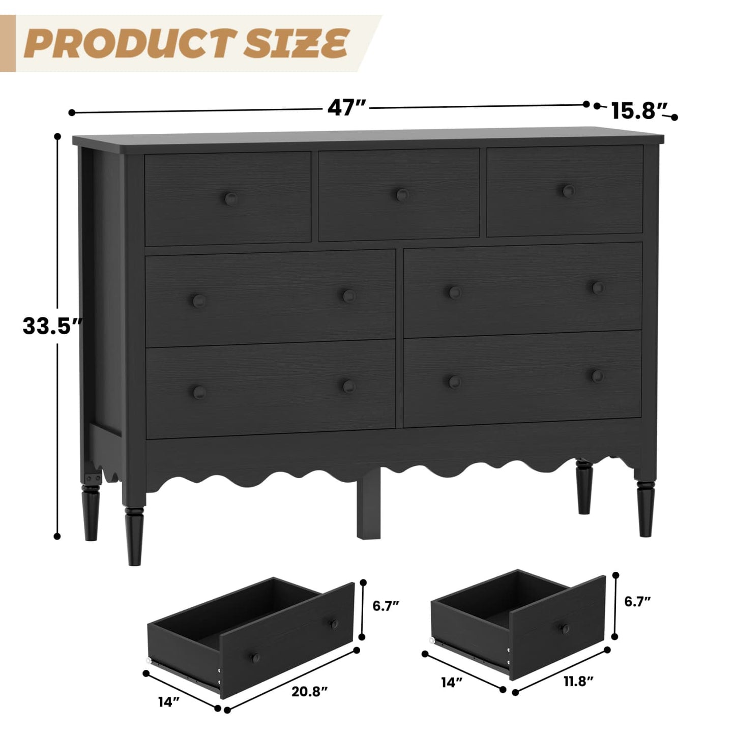 47" Closet Storage Cabinet with 7 Drawers, Wooden Dresser with Support Leg