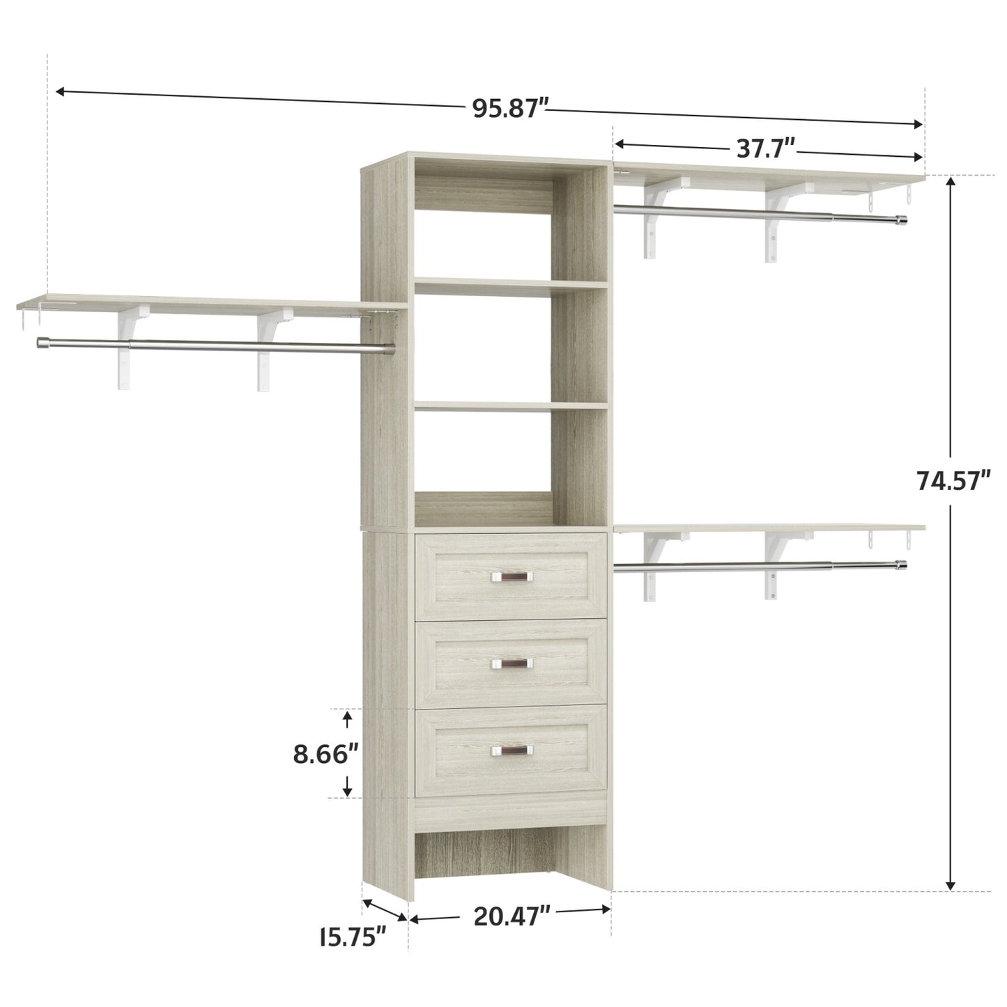 Closet Organizer System with Hanging Rods and Shelves, Wardrobe System with Drawers
