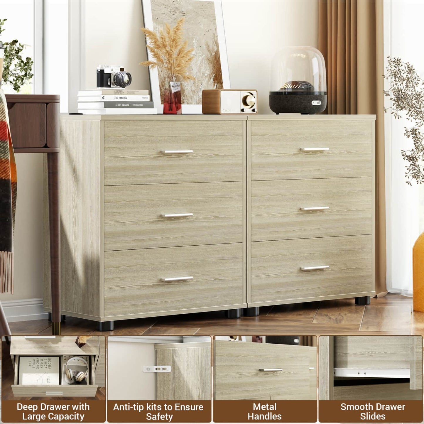 Set of 2 Wooden 6-Drawers Dressers with Storage, Closet Storage Cabinet and Nightstand