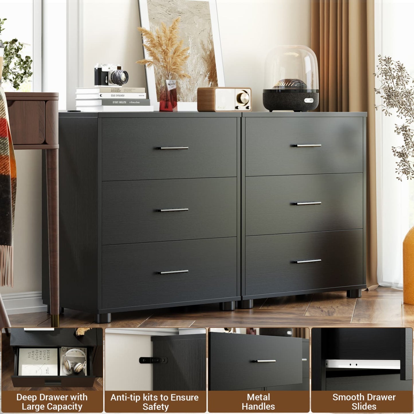 Set of 2 Wooden 6-Drawers Dressers with Storage, Closet Storage Cabinet and Nightstand