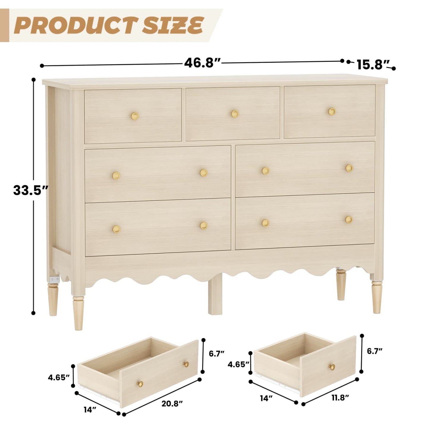 47" Closet Storage Cabinet with 7 Drawers, Wooden Dresser with Support Leg