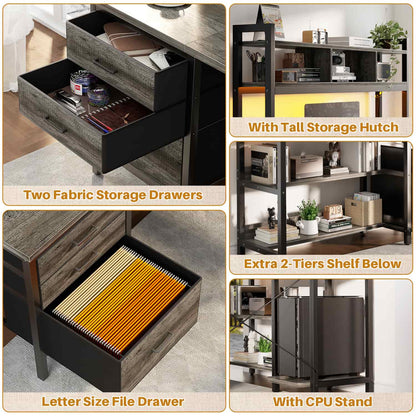 L Shaped Computer Desk with Hutch, Power Outlets, LED Lights & Storage Drawers