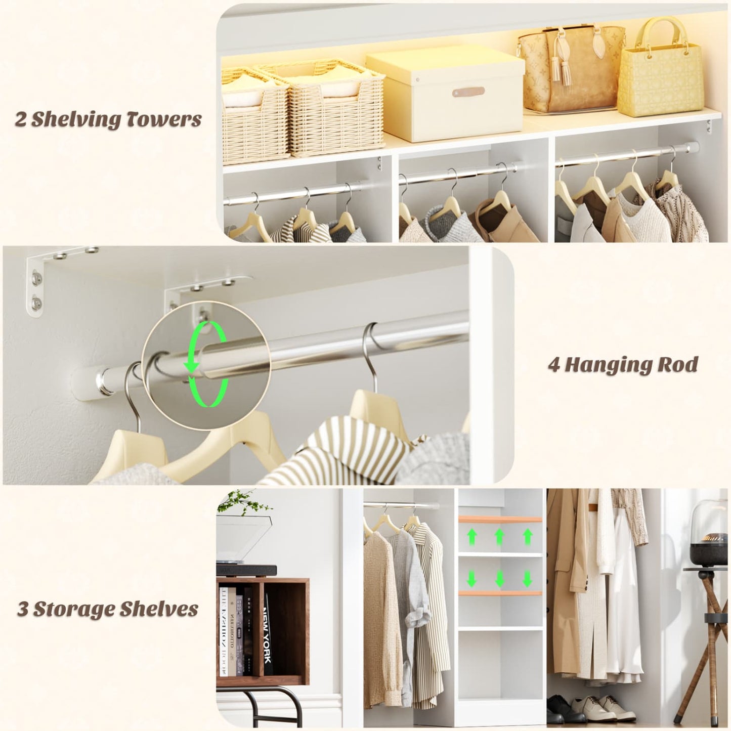 47'' W Closet System with Hanging Rods and Shelves, Closet Organizer for Bedroom