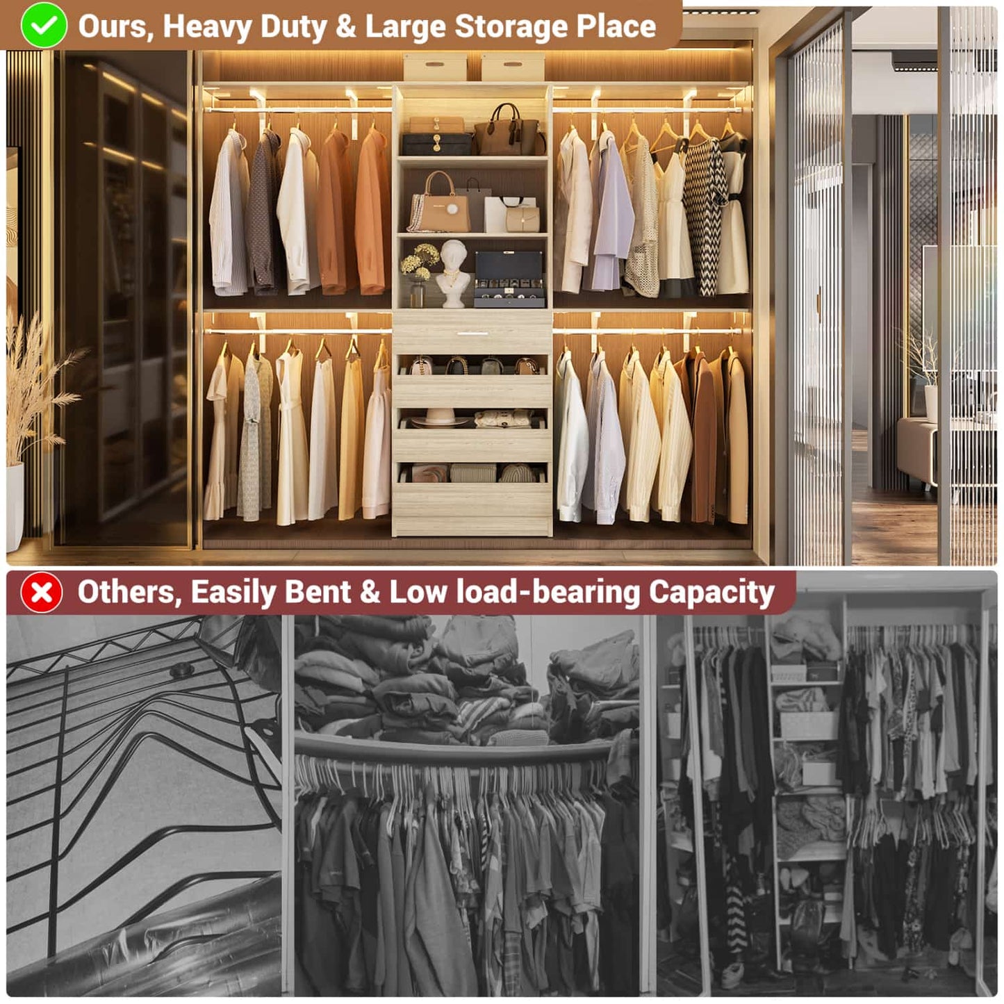 8FT Closet Organizer System with 4 Wooden Drawers & Hanging Rods