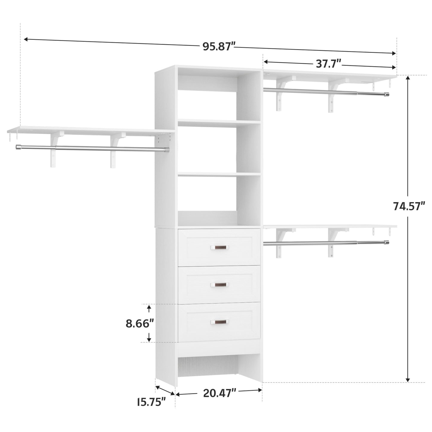 Closet Organizer System with Hanging Rods and Shelves, Wardrobe System with Drawers
