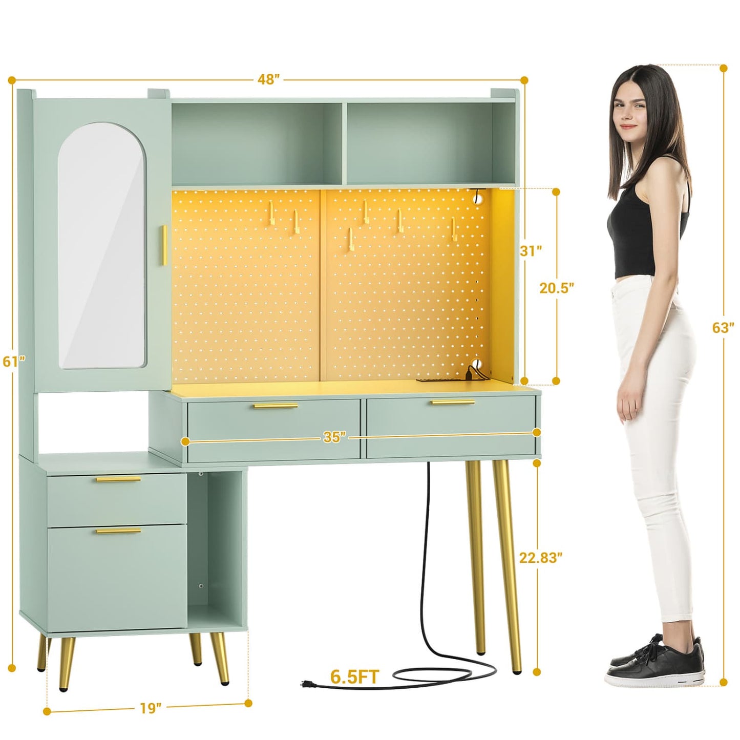 Makeup Vanity with Hutch, LED Lighted Mirror & Charging Station
