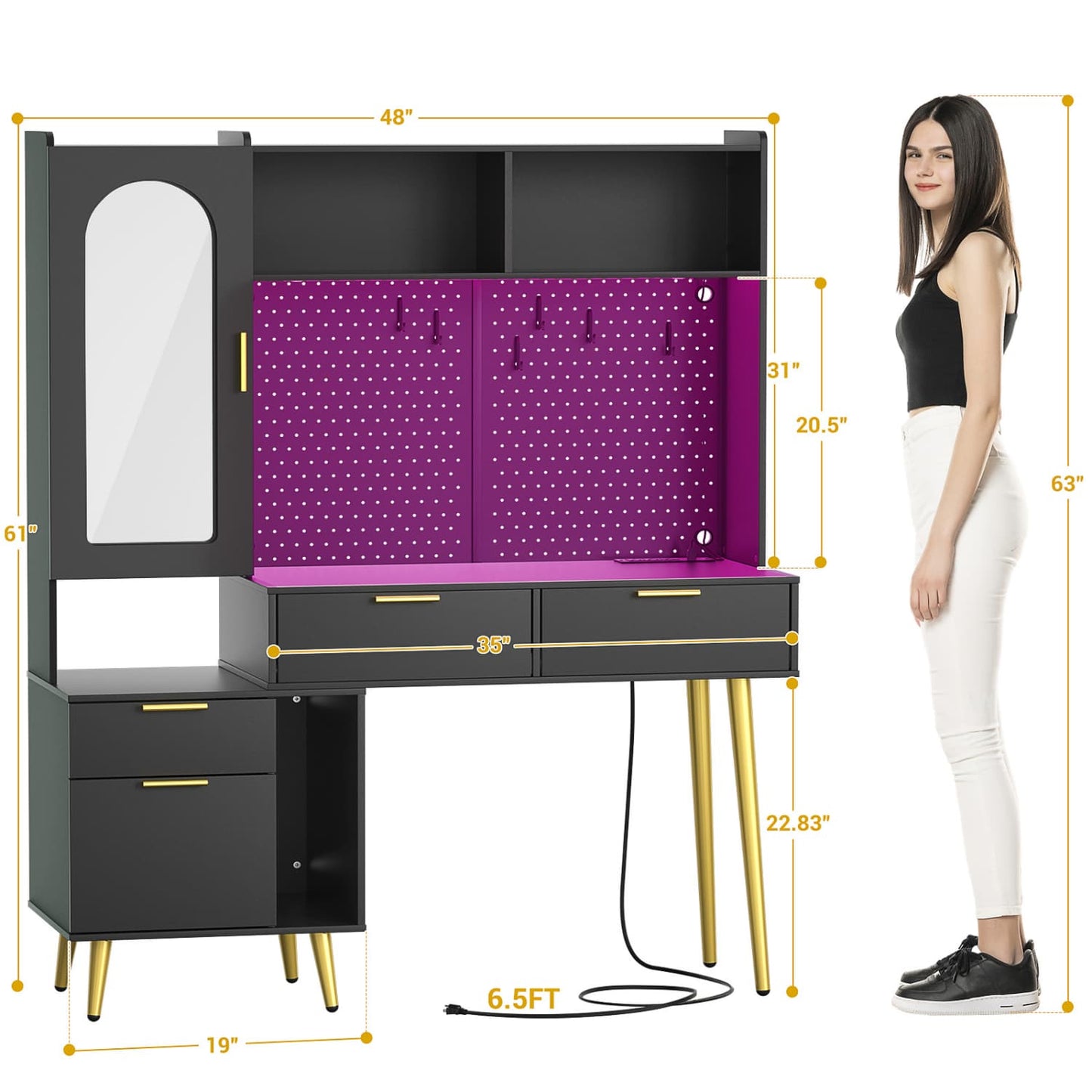 Makeup Vanity with Hutch, LED Lighted Mirror & Charging Station