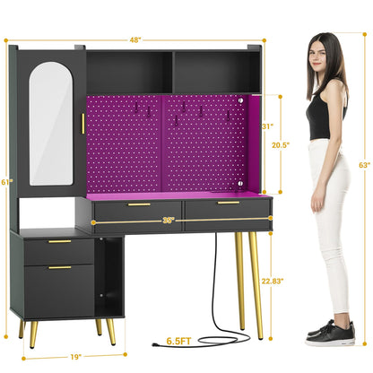 Makeup Vanity with Hutch, LED Lighted Mirror & Charging Station