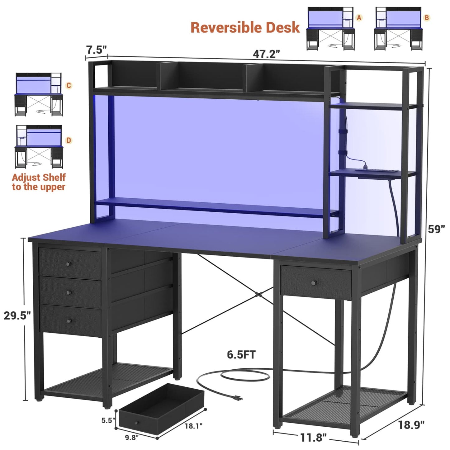 Computer Desk with LED Light, Power Outlet, Farbric Drawers