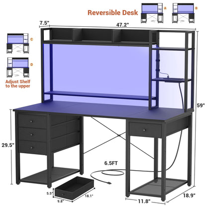 Computer Desk with LED Light, Power Outlet, Farbric Drawers