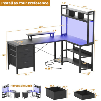 L Shaped Computer Desk with Hutch, Power Outlets, LED Lights & Storage Drawers