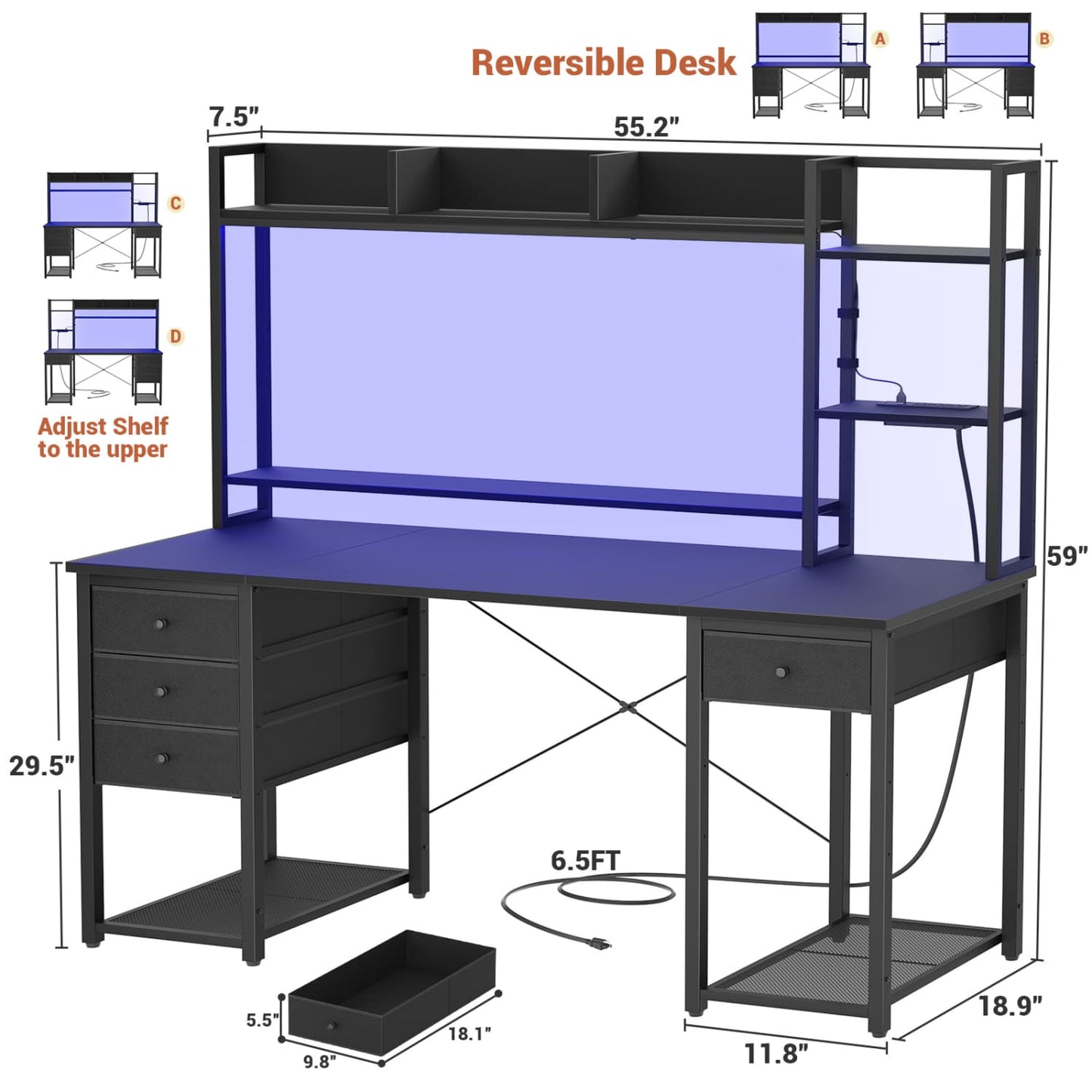 Computer Desk with LED Light, Power Outlet, Farbric Drawers
