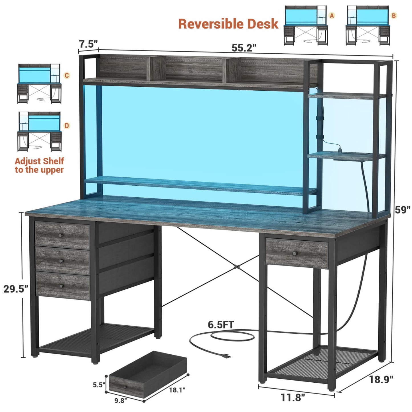 Computer Desk with LED Light, Power Outlet, Farbric Drawers
