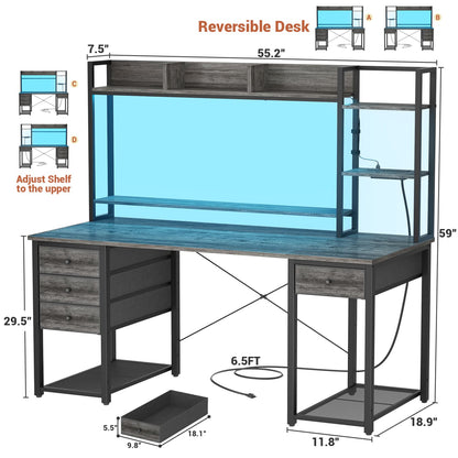 Computer Desk with LED Light, Power Outlet, Farbric Drawers