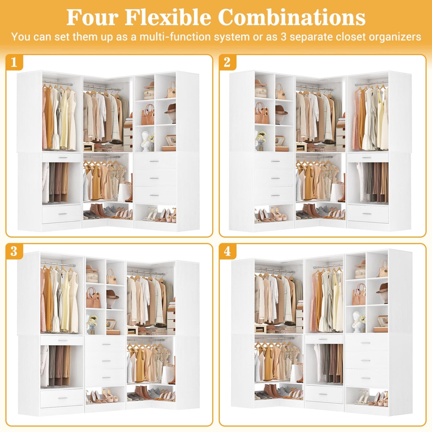 Corner Closet Oraganizer System with Drawers and Hanging Rods, Cube Storage Walk-in Closet System