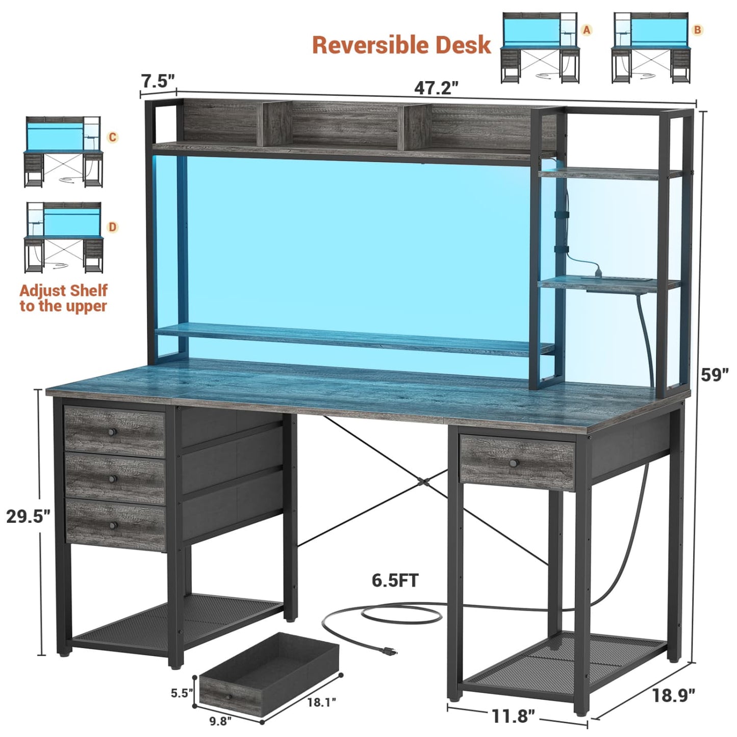 Computer Desk with LED Light, Power Outlet, Farbric Drawers