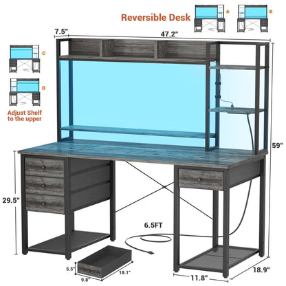 Computer Desk with LED Light, Power Outlet, Farbric Drawers