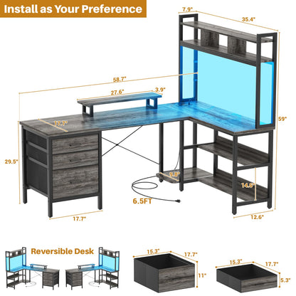 L Shaped Computer Desk with Hutch, Power Outlets, LED Lights & Storage Drawers