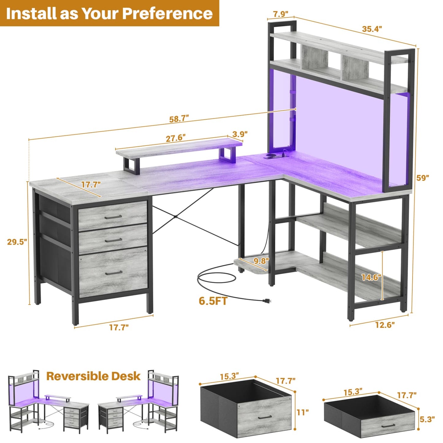 L Shaped Computer Desk with Hutch, Power Outlets, LED Lights & Storage Drawers