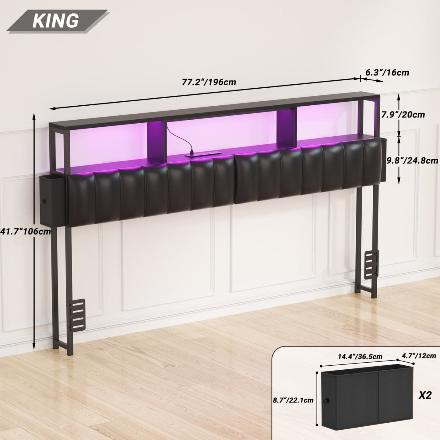King Upholstered Headboard with Storage Bags