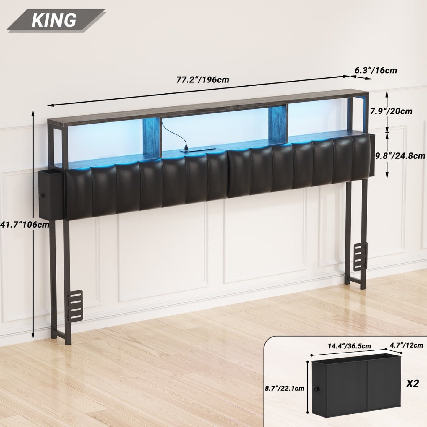 King Upholstered Headboard with Storage Bags