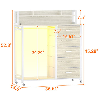 Dresser for Bedroom with Clothes Rack & Shelves, 5 Drawers Dresser with Charging Station