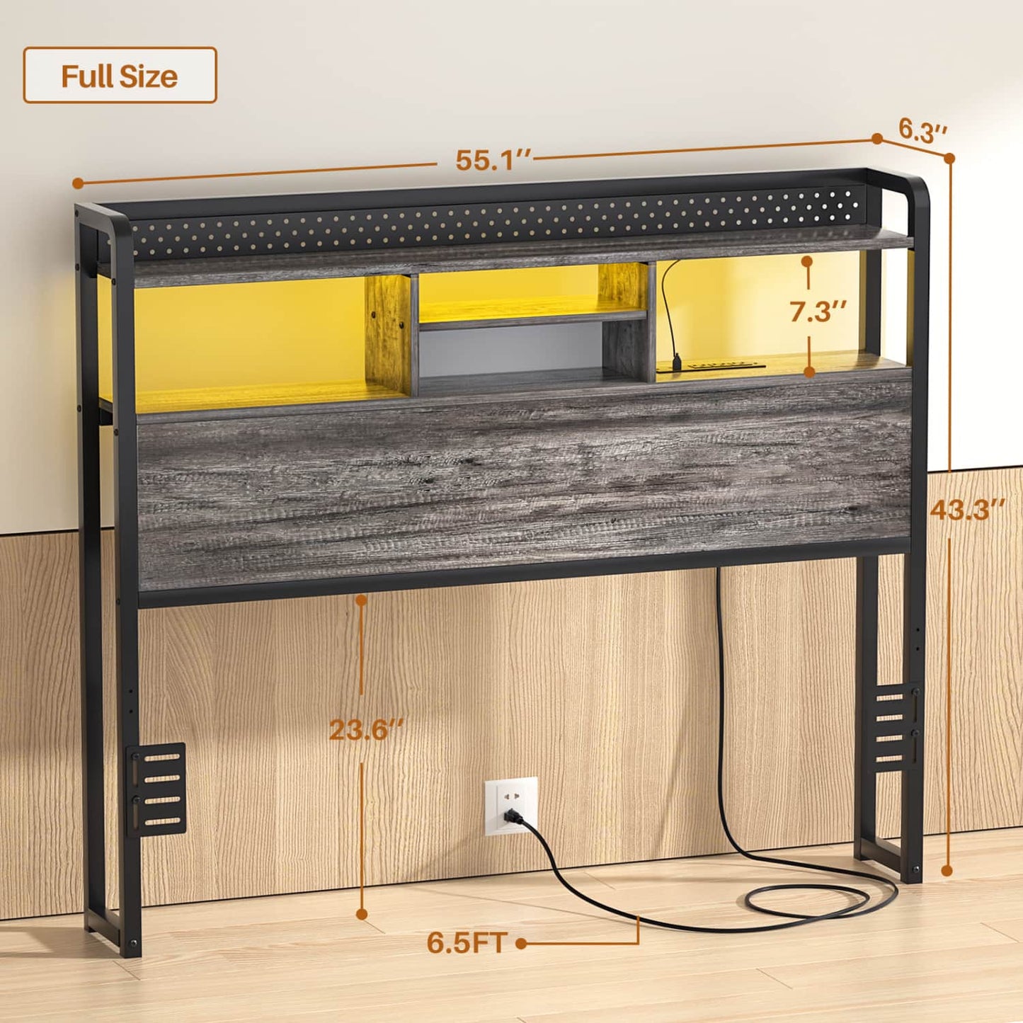 Full Storage Headboard with Led Lights & Charging Station