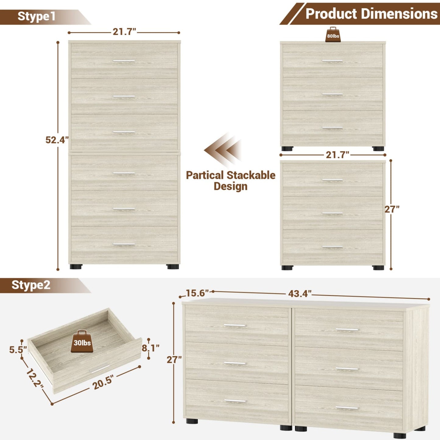 Set of 2 Wooden 6-Drawers Dressers with Storage, Closet Storage Cabinet and Nightstand