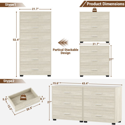 Set of 2 Wooden 6-Drawers Dressers with Storage, Closet Storage Cabinet and Nightstand