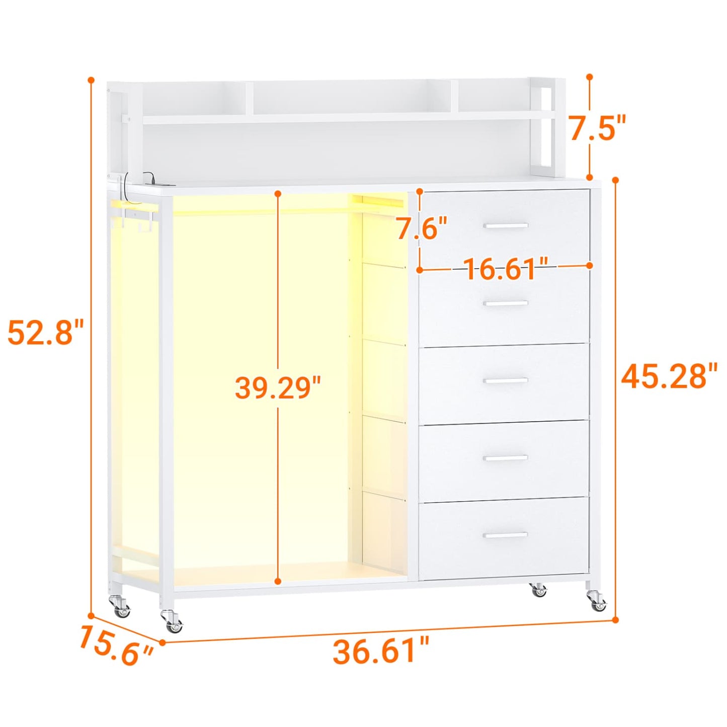 Dresser for Bedroom with Clothes Rack & Shelves, 5 Drawers Dresser with Charging Station