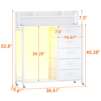 Dresser for Bedroom with Clothes Rack & Shelves, 5 Drawers Dresser with Charging Station