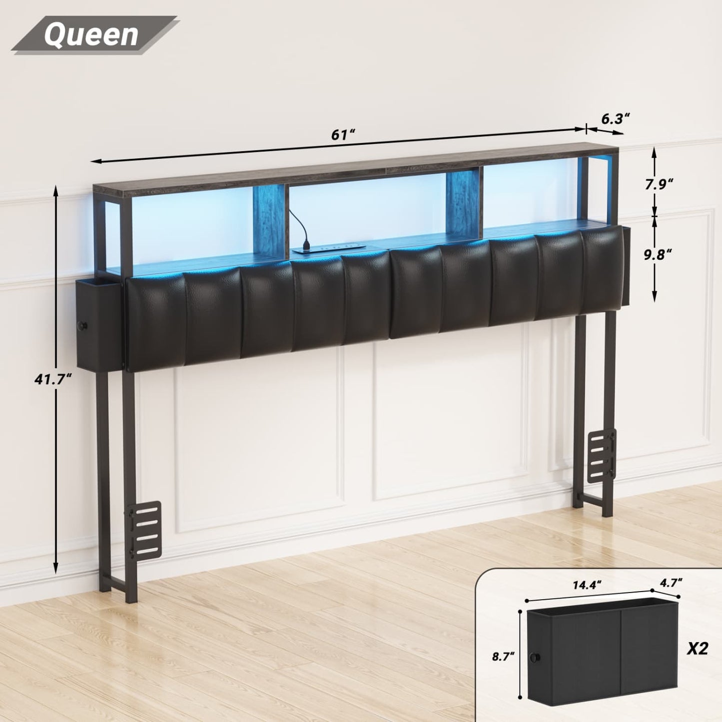 Queen Upholstered Headboard with Storage Bags