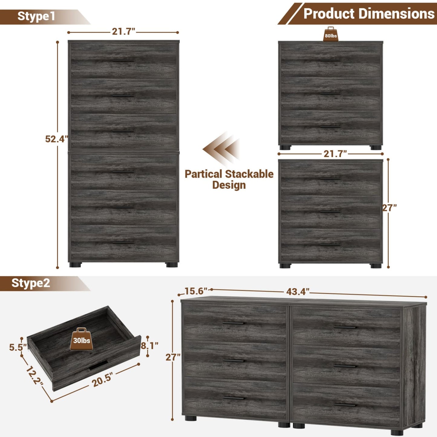Set of 2 Wooden 6-Drawers Dressers with Storage, Closet Storage Cabinet and Nightstand