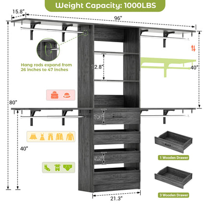 8FT Closet Organizer System with 4 Wooden Drawers & Hanging Rods