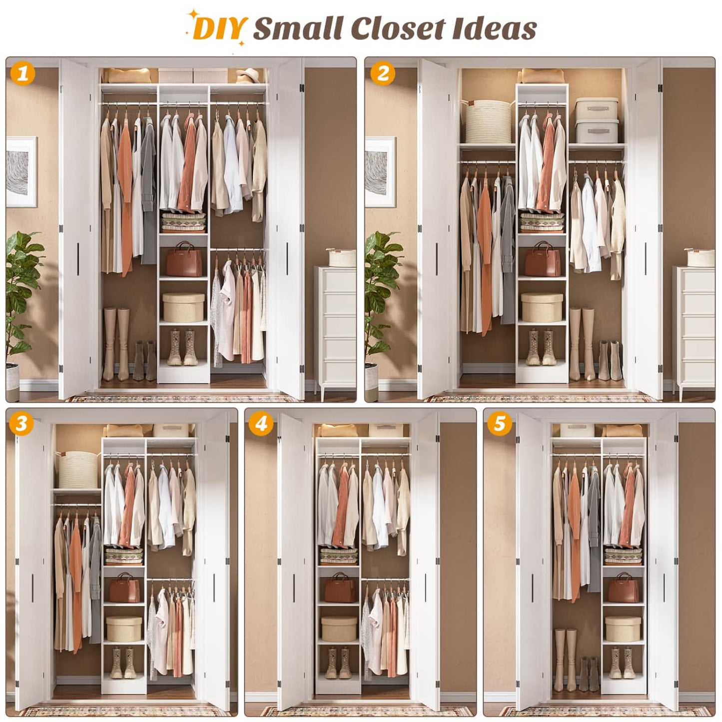 47'' W Closet System with Hanging Rods and Shelves, Closet Organizer for Bedroom