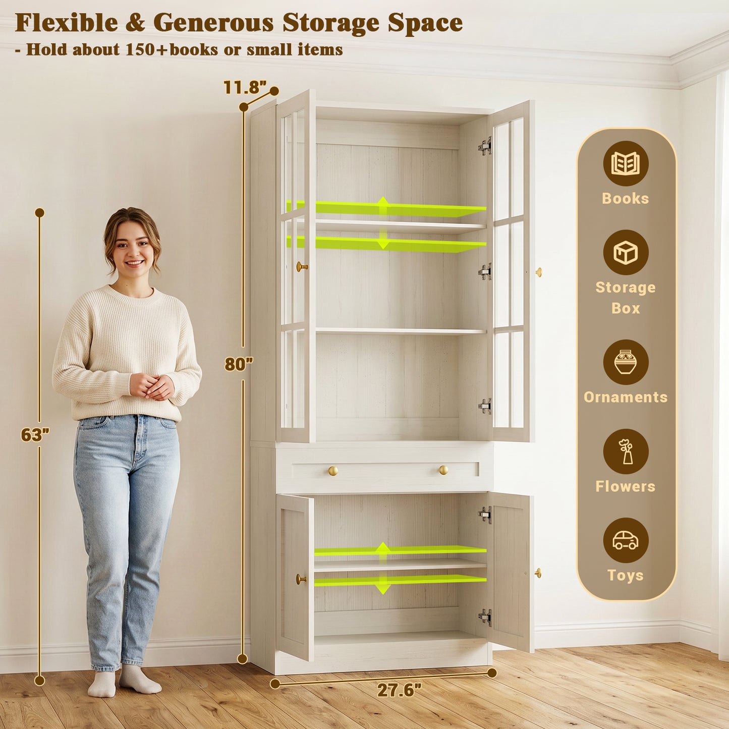 Besiost 80" H Bookcase with Mullion Glass Doors & Drawers