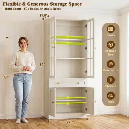 Besiost 80" H Bookcase with Mullion Glass Doors & Drawers