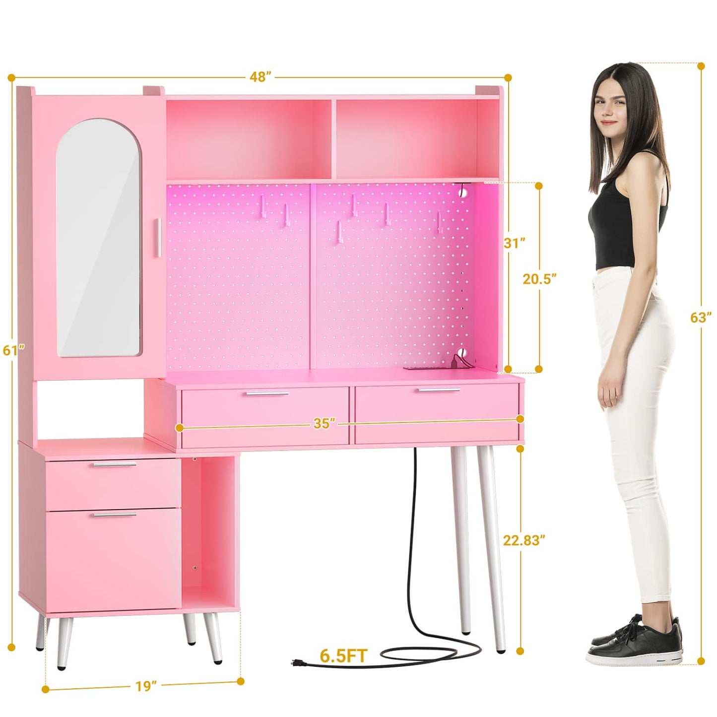 Makeup Vanity with Hutch, LED Lighted Mirror & Charging Station