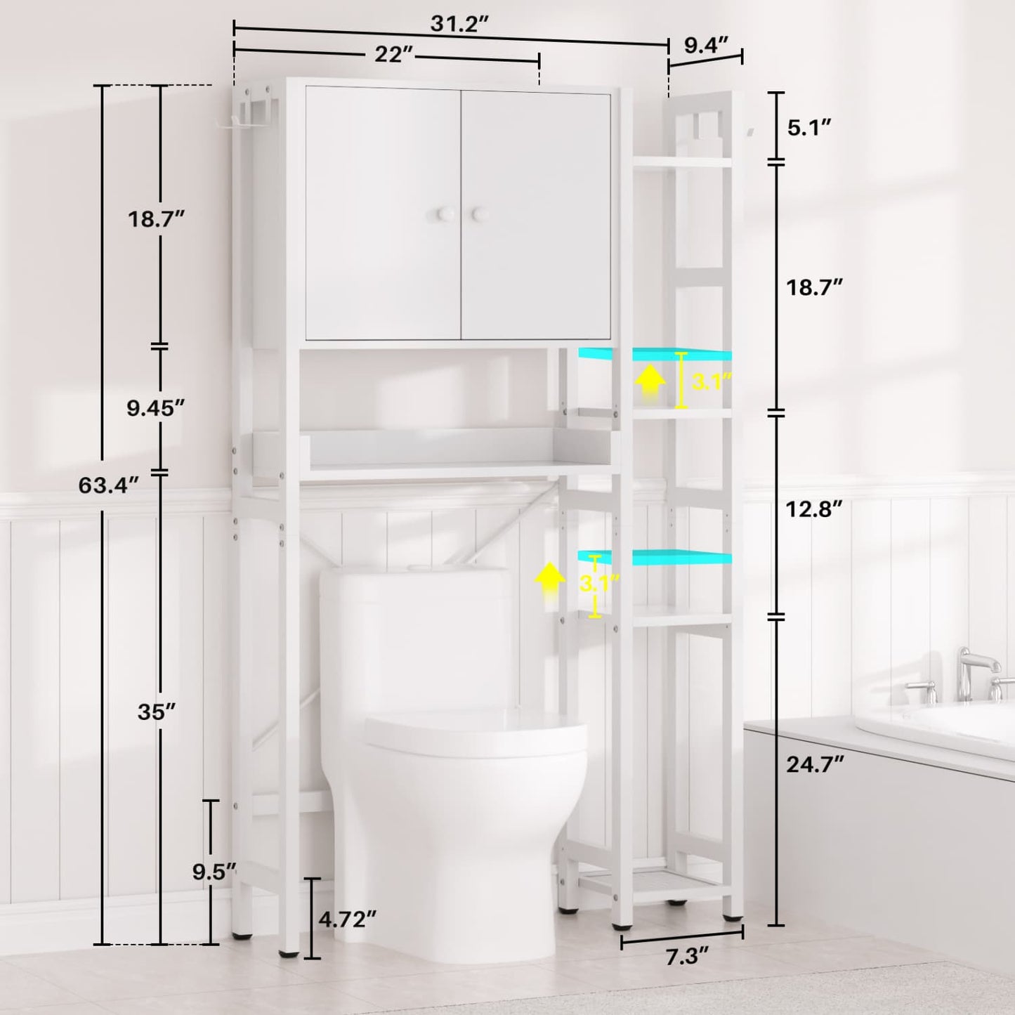 7-Tier Bathroom Organizer with Adjustable Shelf, Over The Toilet Storage Rack with 4 Hooks and Drawers