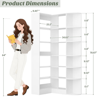 71" Tall 6-Tiers Corner Bookshelf with Open Storage, Wooden Display Shelves for Bedroom