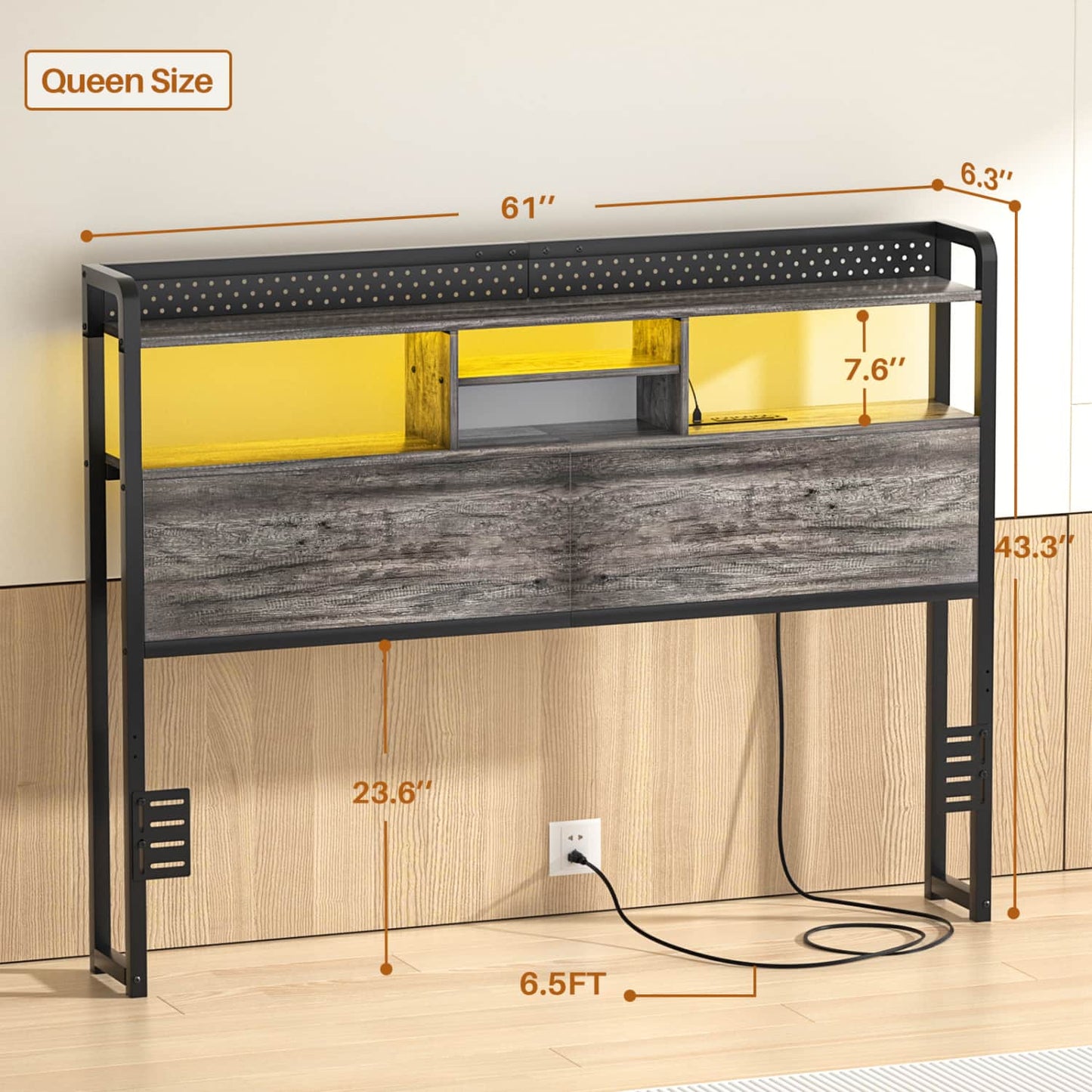 Queen Storage Headboard with Led Lights & Charging Station