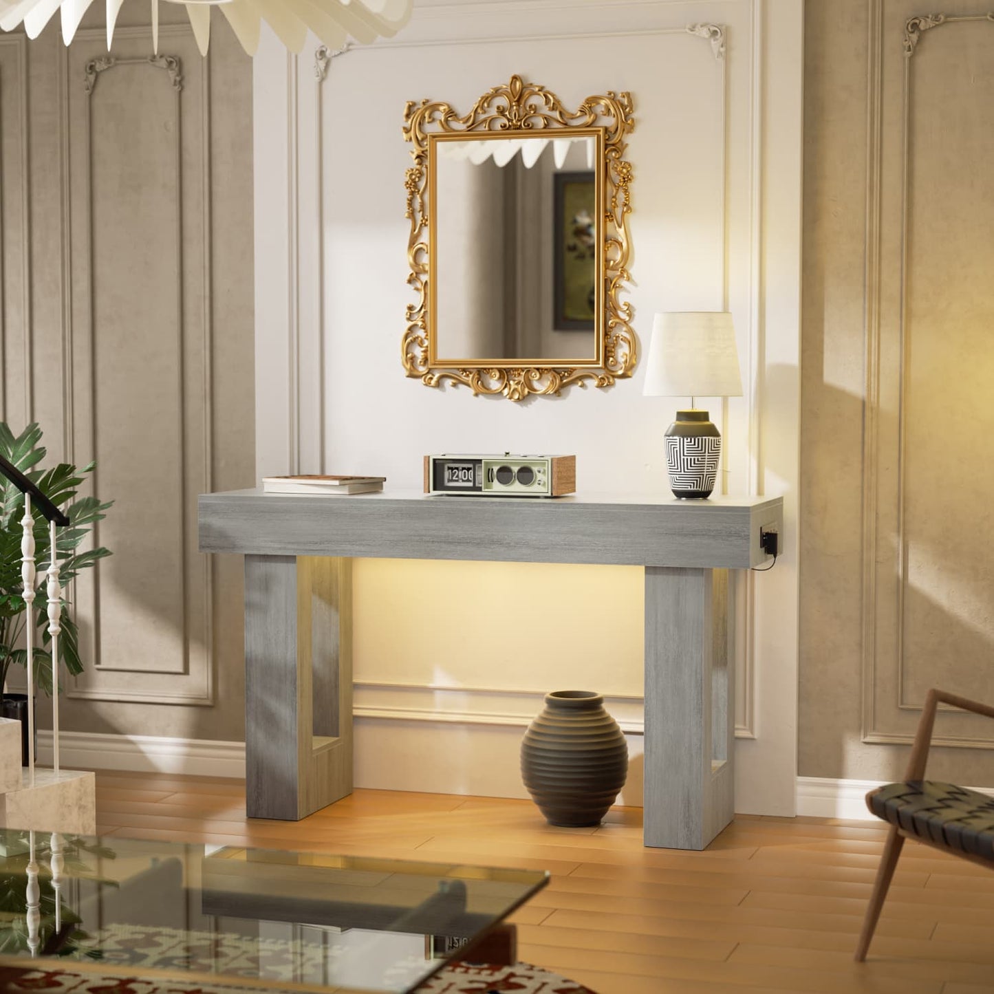 47inch Console Table with Power Outlets, Wood Narrow Entryway Table