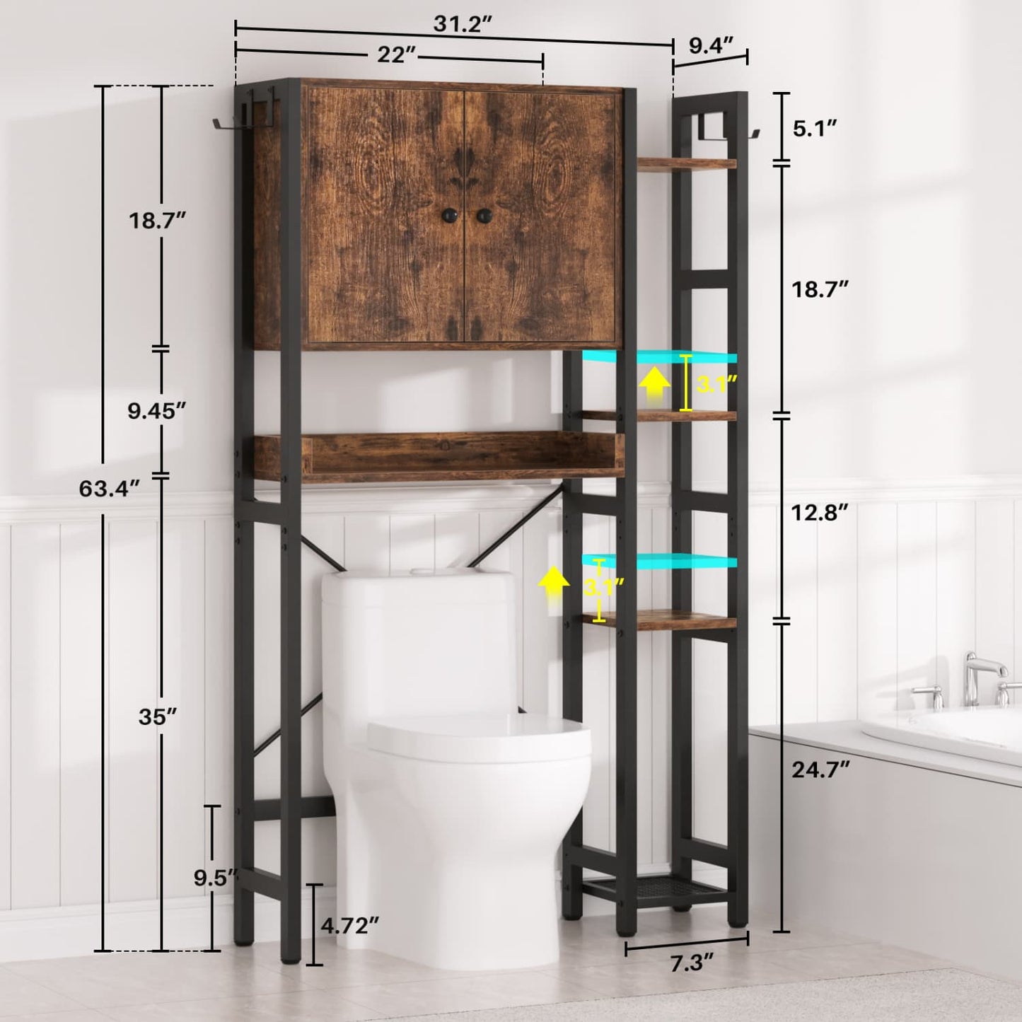 7-Tier Bathroom Organizer with Adjustable Shelf, Over The Toilet Storage Rack with 4 Hooks and Drawers