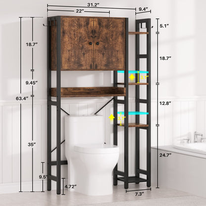 7-Tier Bathroom Organizer with Adjustable Shelf, Over The Toilet Storage Rack with 4 Hooks and Drawers