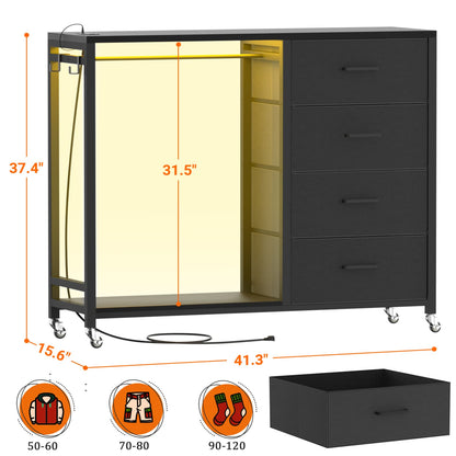 Dressers with Clothes Rack, Charging Station and Led Light, 4 Drawers Dresser for Bedroom
