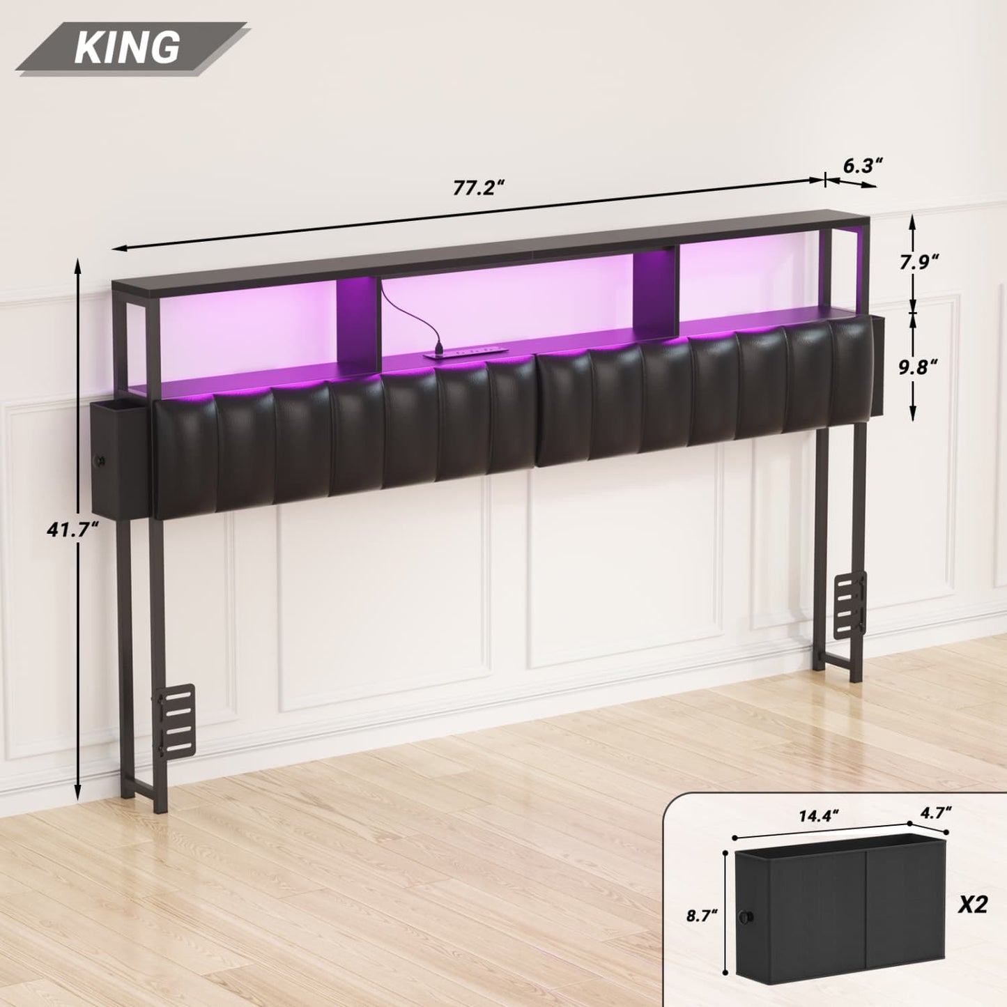 King Upholstered Headboard with Storage Bags