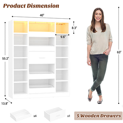 40" Closet System with LED Lights, Wooden Closet Organizer with 5 Drawers & 12 Shelves
