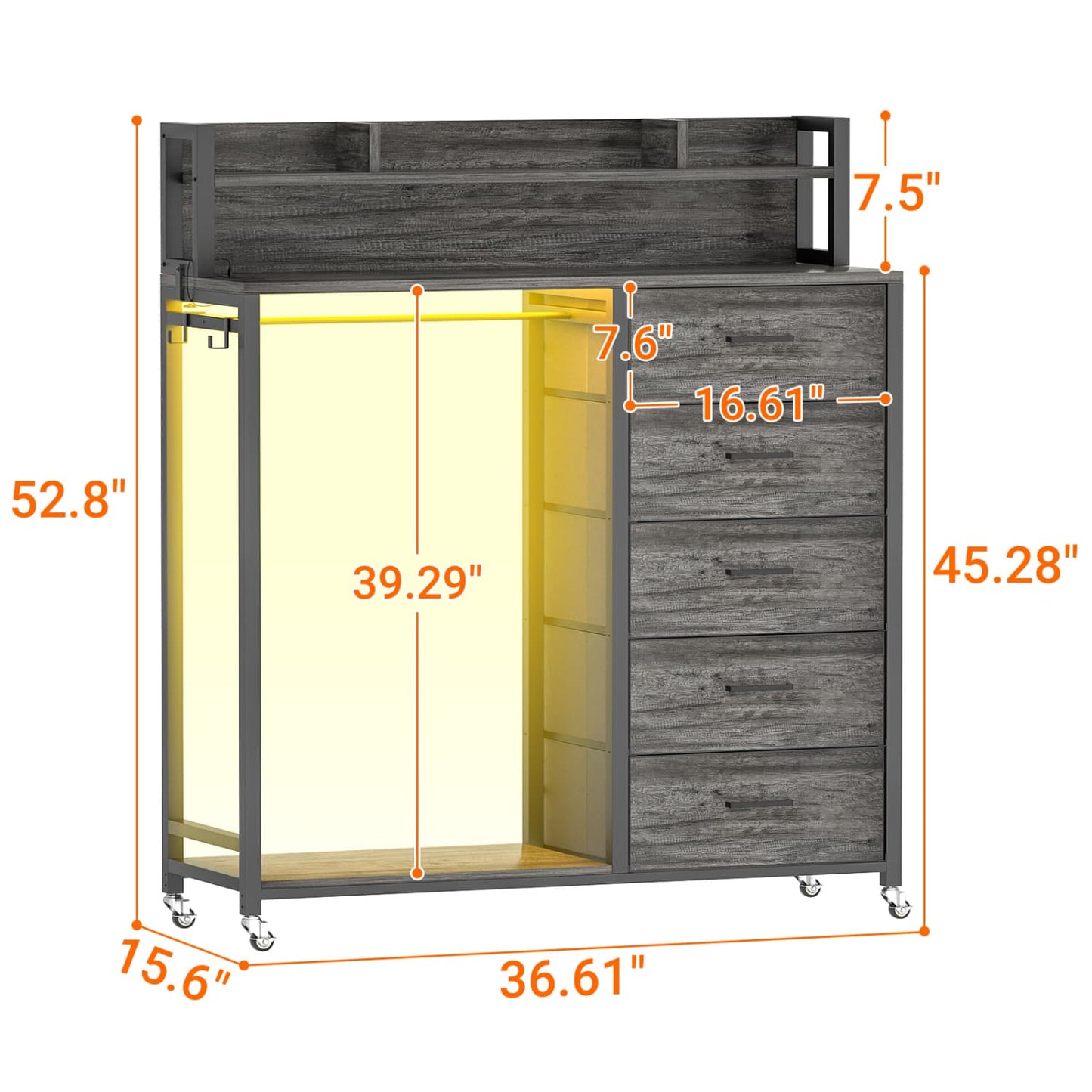 Dresser for Bedroom with Clothes Rack & Shelves, 5 Drawers Dresser with Charging Station